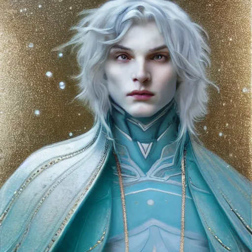 Image similar to a close - up portrait of an androgynous handsome male snow elf in a turquoise cape and silver armour, albino skin, winter vibes, elegant, very coherent symmetrical artwork, by tomasz alen kopera and alphonse mucha and charlie bowater, photorealistic