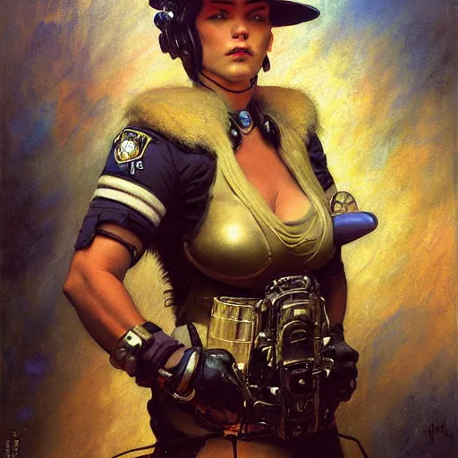 Image similar to portrait of a female furry bull cow in a police uniform. shadowrun furaffiniy cyberpunk fantasy highly detailed painting by gaston bussiere craig mullins jc leyendecker gustav klimt artgerm greg rutkowski john berkey, bergey, craig mullins, ruan jia, raymond swanland, jeremy mann, tom lovell, alex malveda