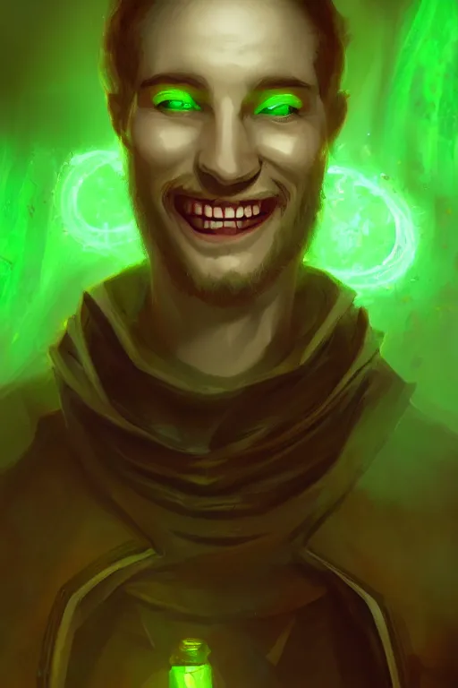 Prompt: portrait of necromancer smiling. green lighting. fantasy, digital painting, hd, detailed.