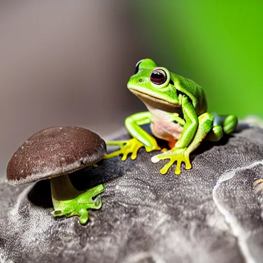 Prompt: a tiny frog sitting on a mushroom, professional closeup photo