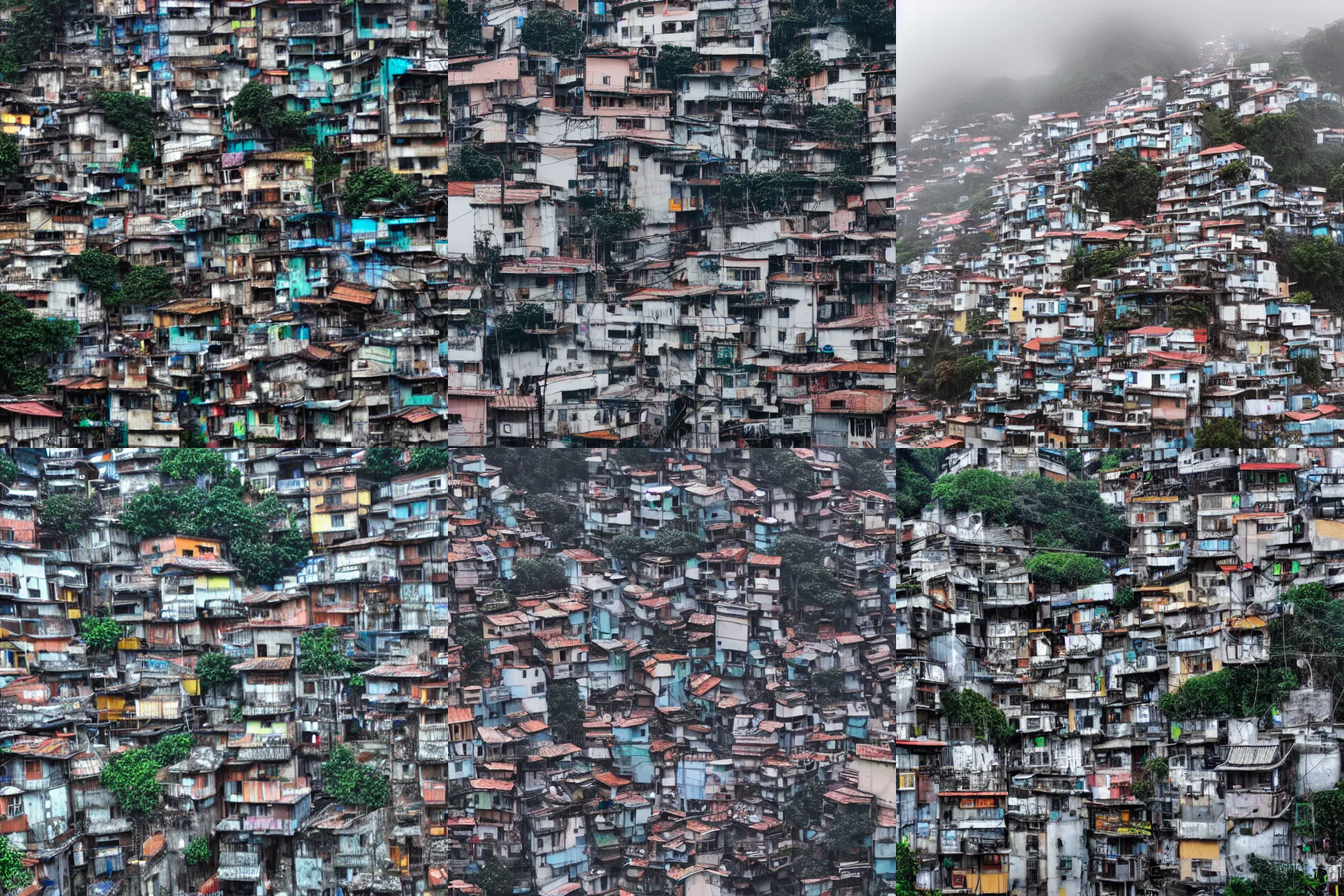 Prompt: Fractal favela, misty weather, wide angle