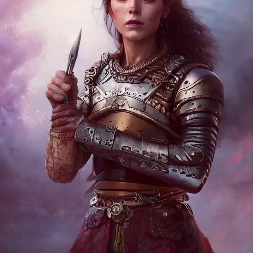 Prompt: Official portrait of a fierce viking woman, highly detailed, cinematic, 8k, 1080s, by Stanley Artgermm, Tom Bagshaw, Greg Rutkowski, Vincent di Fate, Carne Griffiths, Ayami Kojima, trending on DeviantArt, hyper detailed, full of color, digital art,