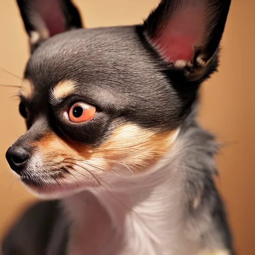 Image similar to studio photo of a chihuahua cat hybrid with feline face, 4k