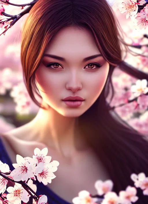 Prompt: photo of a gorgeous female in the style of stefan kostic, realistic, half body shot, sharp focus, 8 k high definition, insanely detailed, intricate, elegant, art by stanley lau and artgerm, extreme bokeh cherry blossoms