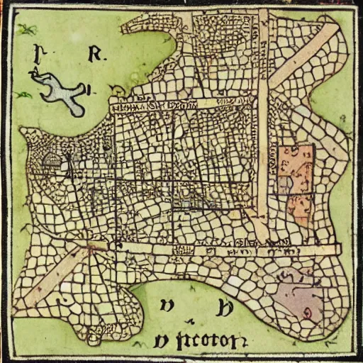 Image similar to medieval map of small town, Voronoi regions, houses and roads