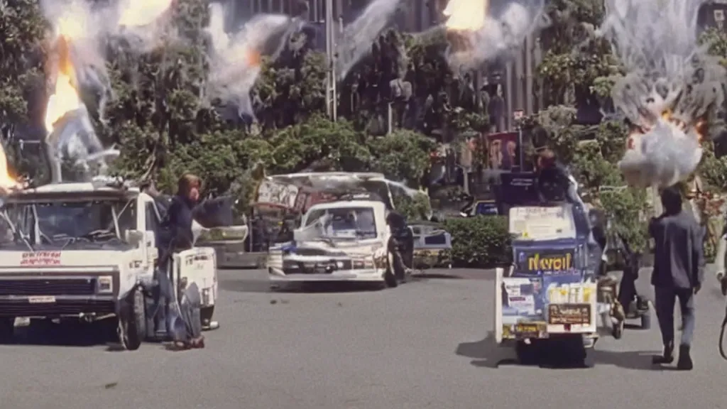 Prompt: Hyperreal Gremlins explode from ejector seats in self aware tokenised milk trucks in downtown silicon valley, film still from banned media Gremlins 3 New World Order, directed by REDACTED circa 1992 | text reads \'Gremlins 3 New World Order\' | Gremlins
