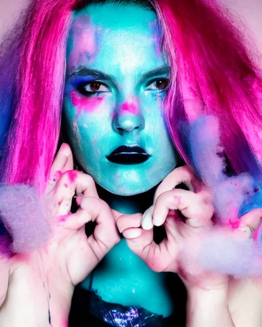 Image similar to a dramatic lighting photo of a beautiful young woman with cotton candy hair. blood splashes with a little bit of cyan and pink