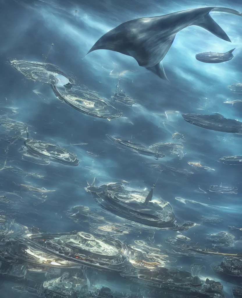 Prompt: crescent shaped pelagic city floating on the water, fusion of subnautica and star trek, aquaculture farms in the water around, boats of different sizes, in the style of john eaves ron walotsky ralph mcquarrie, soft natural volumetric lighting, realistic 4 k unreal engine 5 beautifully detailed render, 4 k post processing, trending on artstation