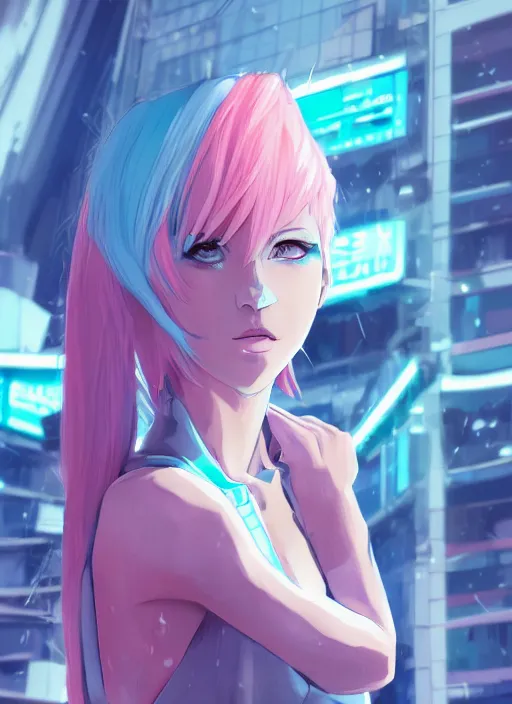 Image similar to woman with pink hair and blue eyes, wearing a white and turquoise colored outfit, cyberpunk city landscape, 4k, anime key visual, lois van baarle, ilya kuvshinov, rossdraws, artstation