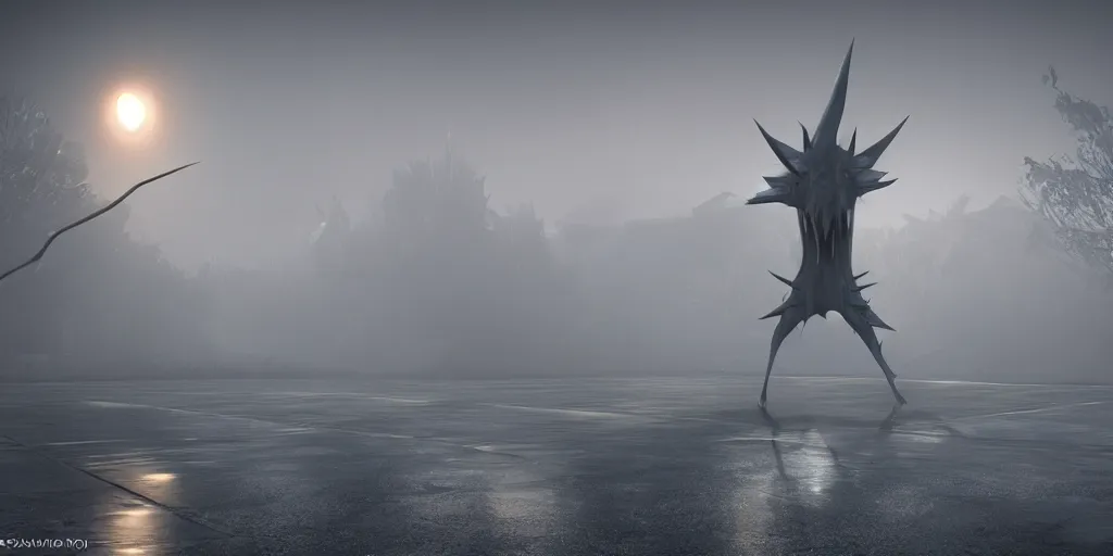 Prompt: menacing pointy unknown creature, fog, rain, volumetric lighting, beautiful, golden hour, sharp focus, ultra detailed, cgsociety