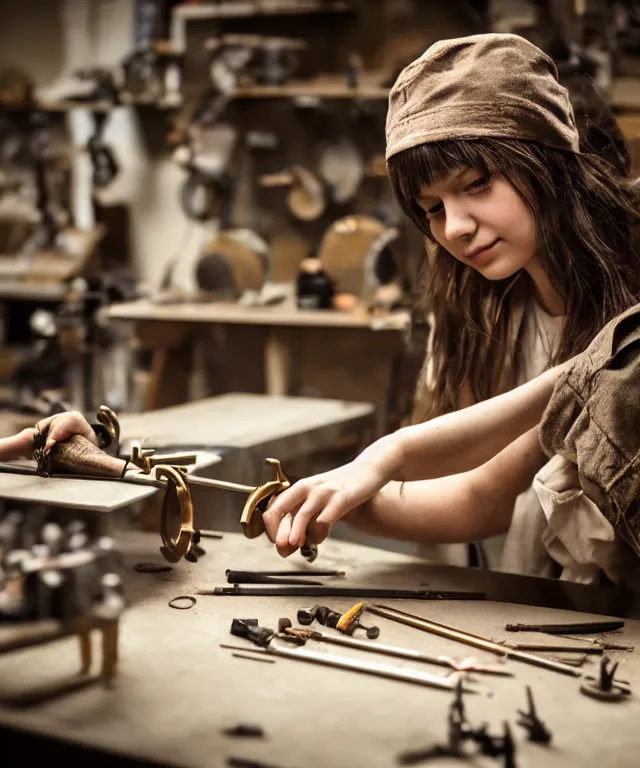 Image similar to A beautiful girl makes bronze gear on a workbench, 50mm photo, soft light, highly detailed, motion blur, trending on artstation