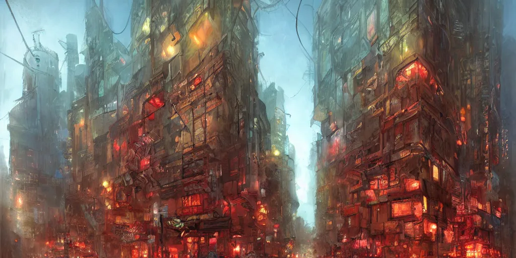 Prompt: new jack cityscape after the fall by Marc simonetti and Pamela Coleman smith, red light district