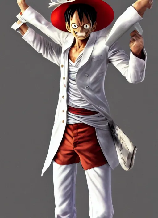 Prompt: a professional render of luffy wearing a white suit, calm face, concept art, sharp detail, smooth render, art style by Ruan Jia and Mandy Jurgens and Ian Spriggs and William-Adolphe Bouguerea