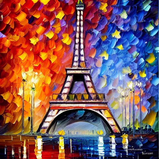 Image similar to Oil painting of Eiffel Tower with fireworks in the sky by Leonid Afremov