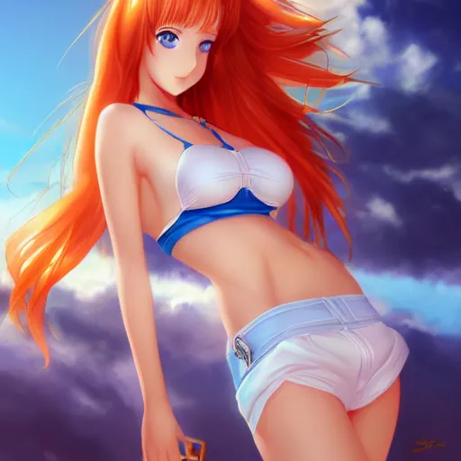 Prompt: picture : a beautiful young redhead anime girl, sky blue eyes, bikini, golden miniskirt, highly detailed, cinematic wallpaper by stanley artgerm lau