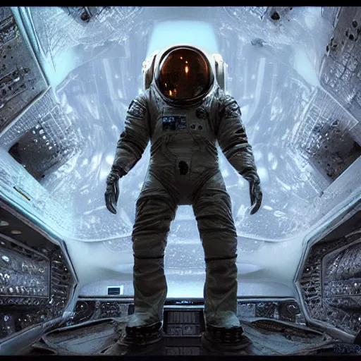 Image similar to concept art by craig mullins astronaut in futuristic dark and empty spaceship underwater. infrared complex and hyperdetailed technical suit. mandelbulb fractal. reflection and dispersion materials. rays and dispersion of light. volumetric light. 5 0 mm, f / 3 2. noise film photo. flash photography. unreal engine 4, octane render. interstellar movie art