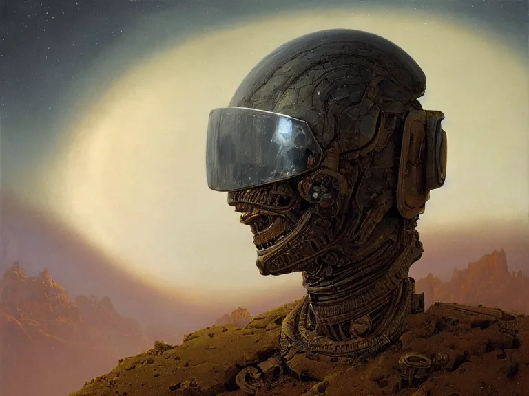 Image similar to a detailed profile oil painting of a humanoid soldier on an alien landscape with reflective visor, flight suit, portrait symmetrical and science fiction theme with aurora lighting by beksinski carl spitzweg and tuomas korpi. baroque elements, full-length view. baroque element. intricate artwork by caravaggio. Trending on artstation. 8k