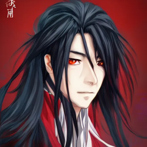 Image similar to headshot portrait of Wei Wuxian, anime character art, beautiful detail, extreme detail, artstationhd, NIXEU, WLOP, long hair, male character, black hair, Avetetsuya Studios, anime manga panel, trending on artstation