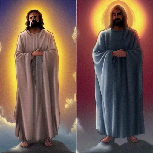 Image similar to anime jesus standing on the line between heaven and hell, highly detailed