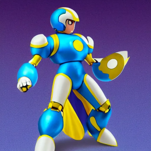 Image similar to His armor, however, resembles that of most other Robot Masters in that it's a skintight bodysuit with large rounded coverings on the lower arms and legs, and typical 'superhero briefs'. Mega Man's primary color is light blue with a dark blue 'trim' (his arms, legs, helmet and 'briefs'). His helmet has a raised light blue square in the forehead and a light blue ridge running straight back from the square, resembling an exclamation mark. His helmet also features round light blue sections with red circles in the center over his ears. He also has red circles in his Mega Buster and below his feet., Megaman series