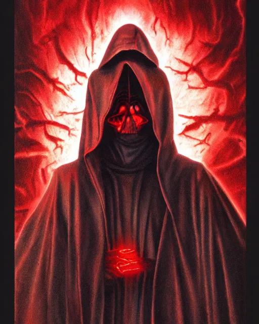 Image similar to hooded sith lord skeletal figure with fiery angry red eyes, airbrush, drew struzan illustration art, key art, movie poster