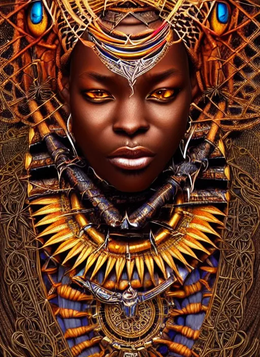 Image similar to : african shamen fantasy, fantasy magic, , intricate, sharp focus, illustration, highly detailed, digital painting, concept art, matte, Artgerm and Paul lewin and kehinde wiley, masterpiece