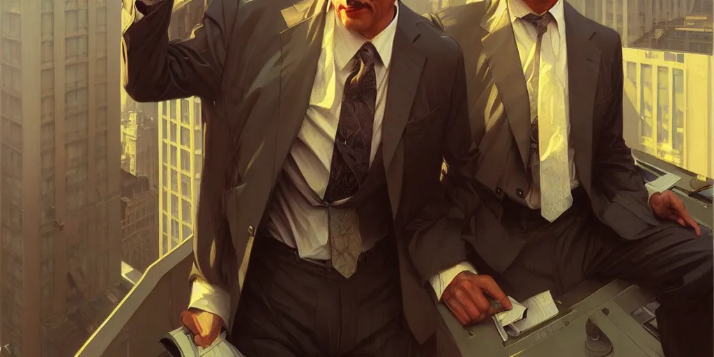 Image similar to a 1 9 8 0 s wall street business man, highly detailed, digital painting, artstation, concept art, matte, sharp focus, illustration, art by artgerm and greg rutkowski and alphonse mucha