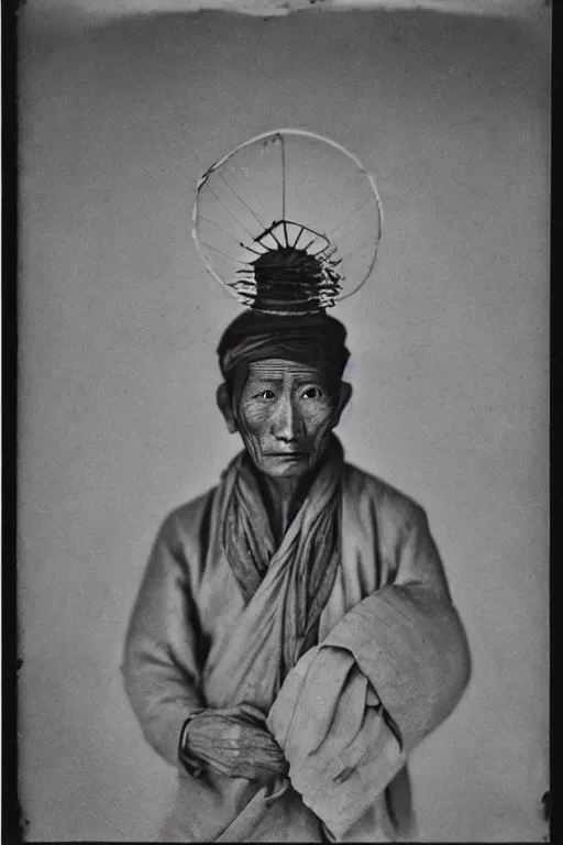 Prompt: ultra realistic vintage photo portrait of a tibetan man with a tunnel in his head, by Irving Penn