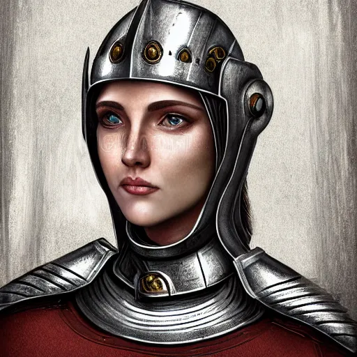 Prompt: head and shoulders portrait of a female knight, crusades, templar, joan of arc, by wlop, face detail, extremely detailed, digital illustration