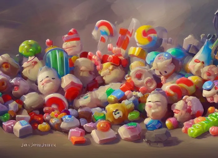Image similar to concept art of cute candy mobs, oil painting by Jama Jurabaev, extremely detailed, brush hard, artstation, for AAA game, high quality