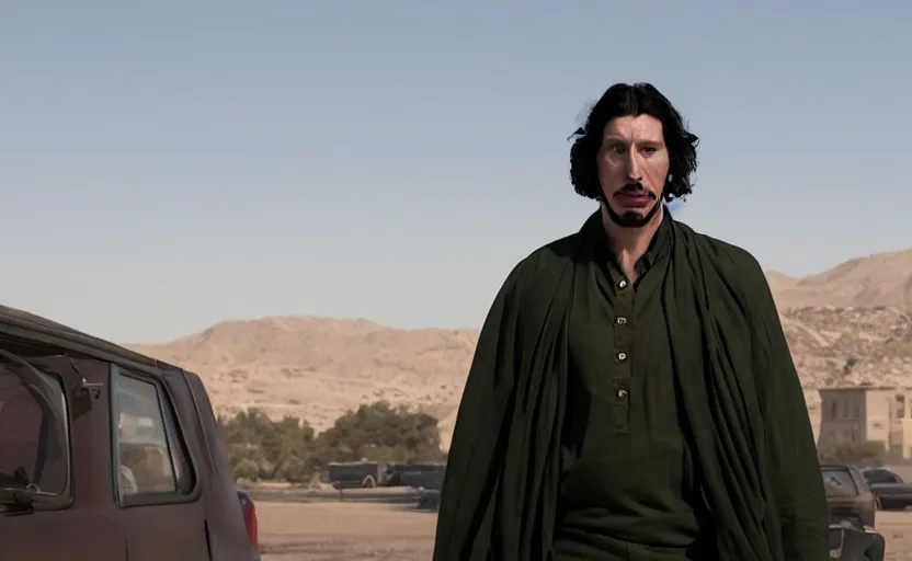 Image similar to Adam Driver as Gaddafi in 'Ddafi' (2025), movie still frame, oscar nominated cinematography, volumetric lighting, 8k resolution, beautiful composition