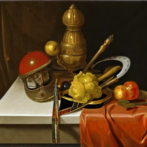 Prompt: an elegant still life with jewelled longsword in a vase and helmet on table by jan davidsz. de heem, 4 k horizontal wallpaper