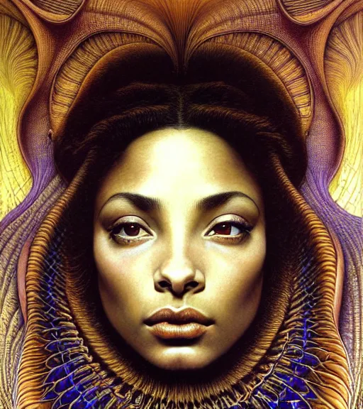 Prompt: detailed realistic beautiful young sade adu face portrait by jean delville, gustave dore and marco mazzoni, art nouveau, symbolist, visionary, baroque, intricate fractal, biomechanical. horizontal symmetry by zdzisław beksinski, iris van herpen, raymond swanland and alphonse mucha. highly detailed, hyper - real, beautiful