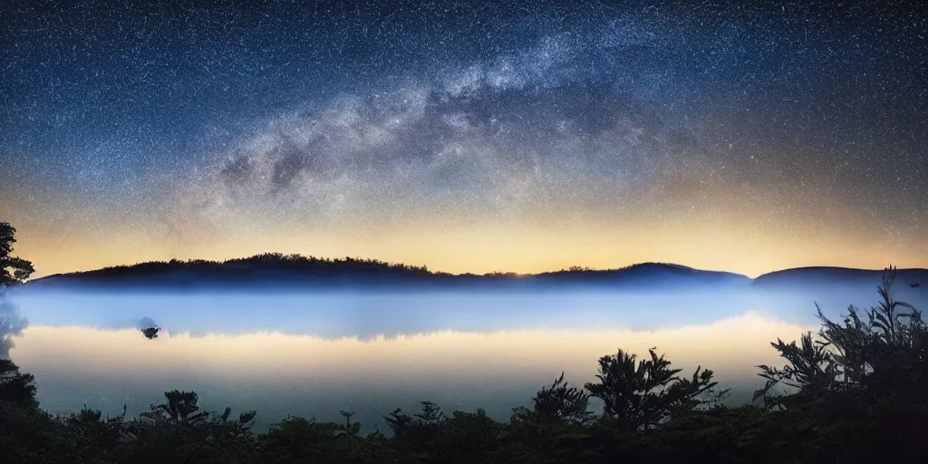 Prompt: a magic lake by night with fog mountains in the background and the milkyway in the sky by studio ghibli and hayao miyazaki and kazuo oga