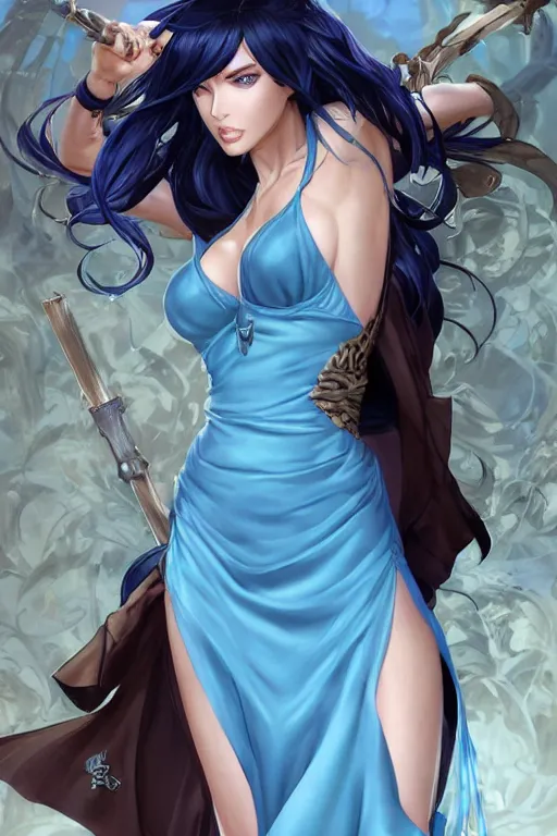 Image similar to Megan Fox using a pale blue summer dress in a blade and soul spinoff artbook rendered by the artist Taran Fiddler, Joe Madureira, Nadezhda Tikhomirova, Jiyun Chae, Lê Long, trending on Artstation by Hyung Tae Kim, artbook, Stanley Artgerm Lau, WLOP, Rossdraws , James Gurney