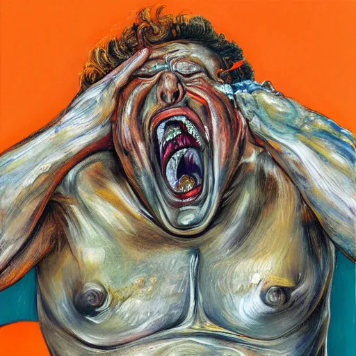 Prompt: high quality high detail painting of a man screaming in agony by lucian freud and jenny saville and francis bacon, hd, anxiety, turquoise and orange