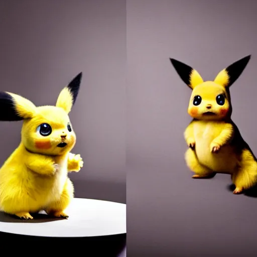 Prompt: model cute detective pikachu sneezing at a model photoshoot studio lighting by annie leibovitz