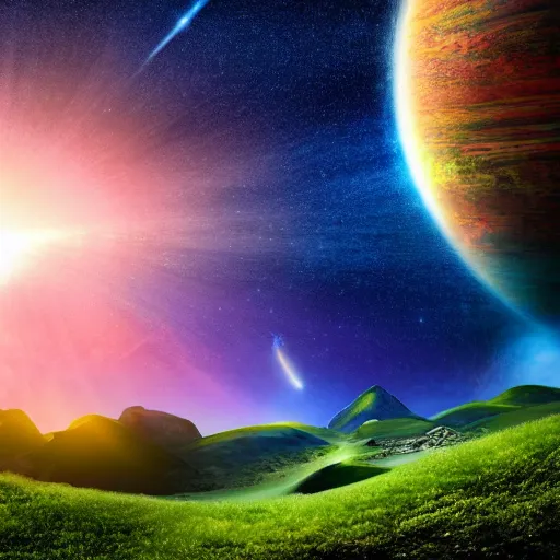 Image similar to the most beautiful and lush landscape in the universe, colorful mountains and green hills, planets in the sky and shooting stars, realistic lighting