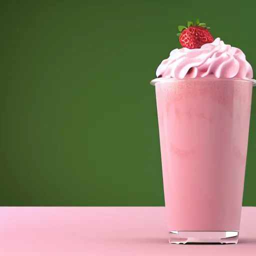 Prompt: 3 d render of a hovering pink milkshake with whipped cream with a slight sparkle and iridescent texture aginst a pink backdrop with slight sadow underneath and falling strawberries in the background, photorealistic, bold colours 4 k, cgsociety, blender, unreal engine 5, sharp details, 3 0 0 dpi