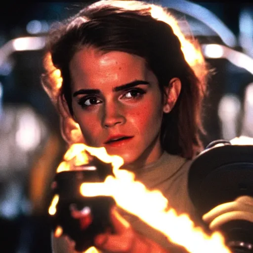 Image similar to film still of Emma Watson holding a flamethrower in Alien 1979, 4k