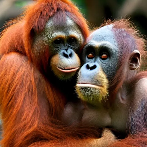 Prompt: an orangutan giving a hug to a racoon