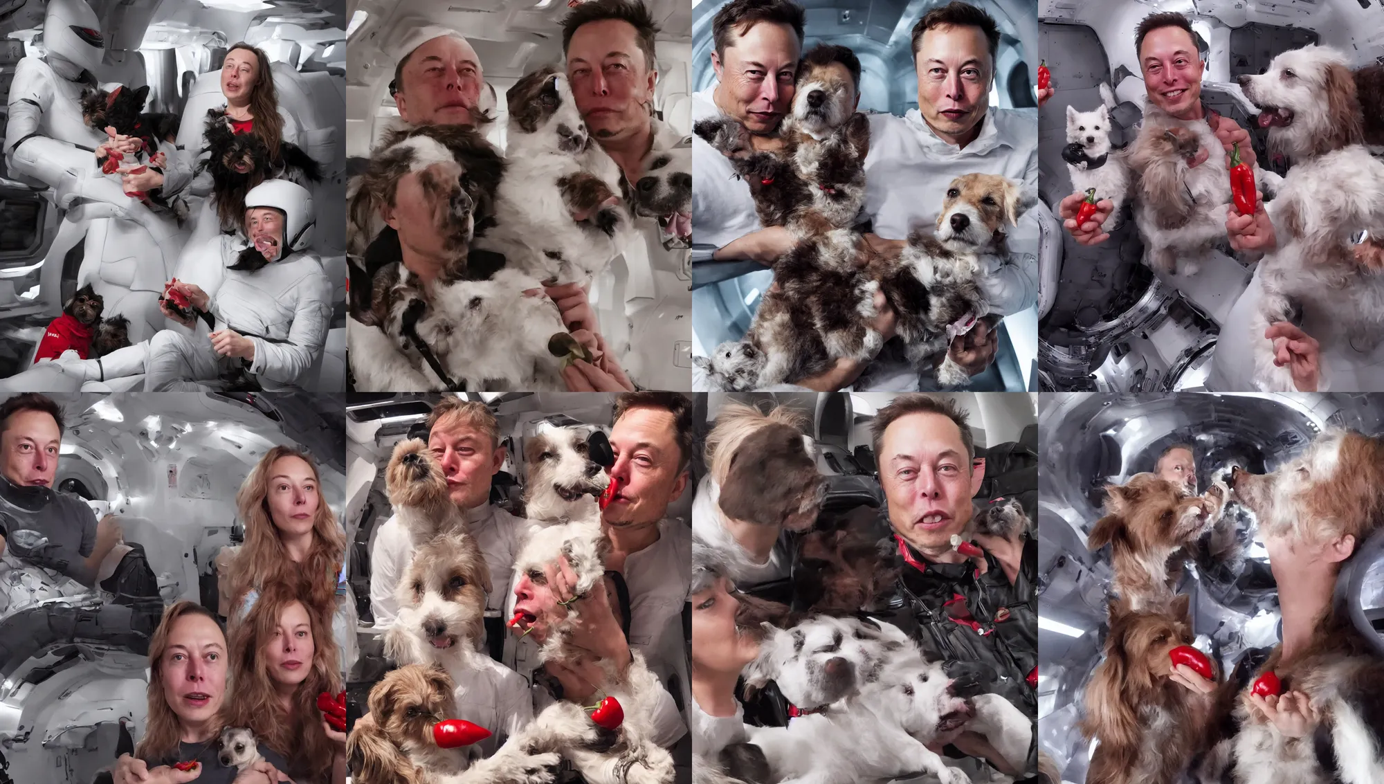 Prompt: Elon Musk on a spaceship loves her dog next to her and gives her hot pepper, cinematic, very high quality, 8k