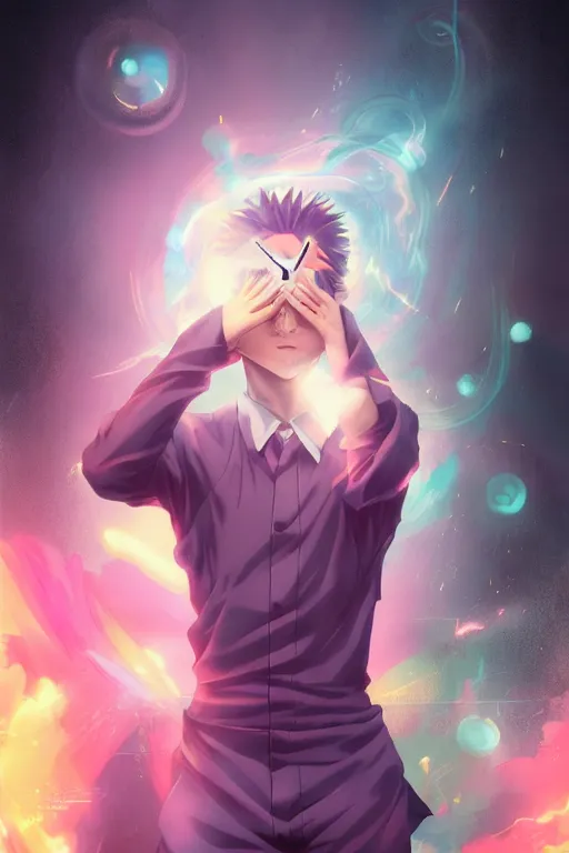 Image similar to anime manga guy emitting psychic powers, straight on, by artgerm, james jean, tom bagshaw, gerald brom, vaporwave colors, lofi colors, vaporwave, lofi, goth vibe, 4 k, smooth, hd, substance designer render, full body character concept art, perfect face, detailed face,