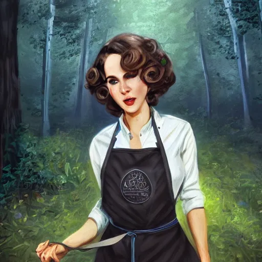 Image similar to a portrait of a 1 9 6 0 s woman with curly black hair and blue eyes, and an apron in the forest, dynamic lighting, fantasy concept art, trending on art station, stunning visuals, cinematic, ultra detailed