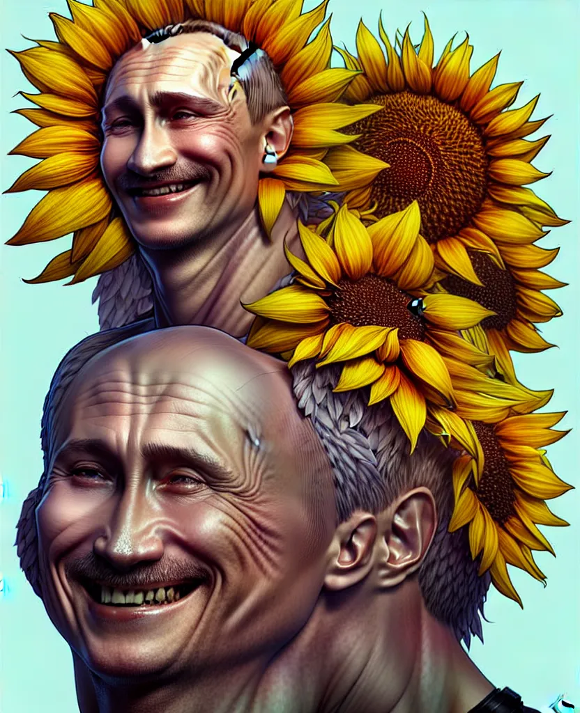 Image similar to digital art, centered full body of Putin smiling king, Sunflower crown, ,intricate, veins, by James Jean and by artgerm , by ross tran ultradetailed, charachter design, concept art, trending on artstation,