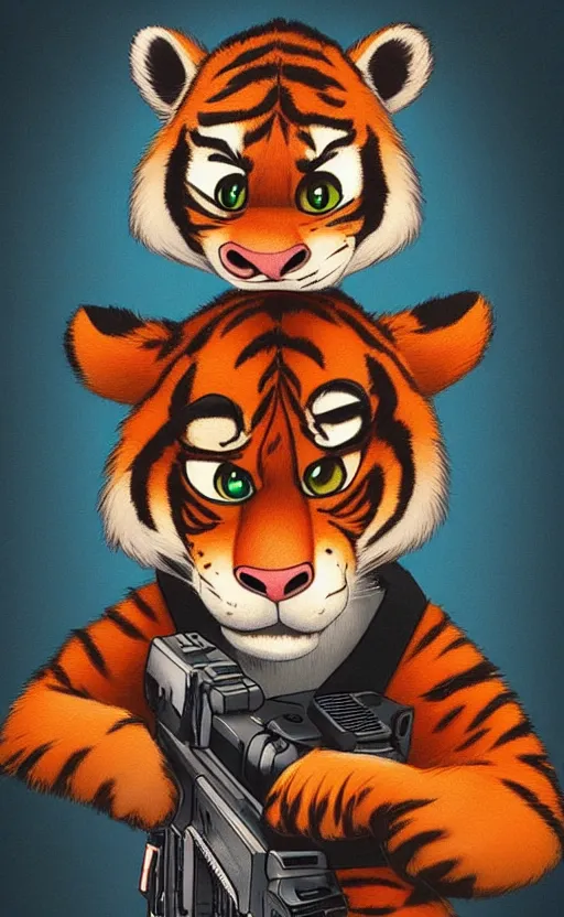 Image similar to “portrait of tiger in the style of the movie zootopia holding a laser gun, with a dark background behind him”