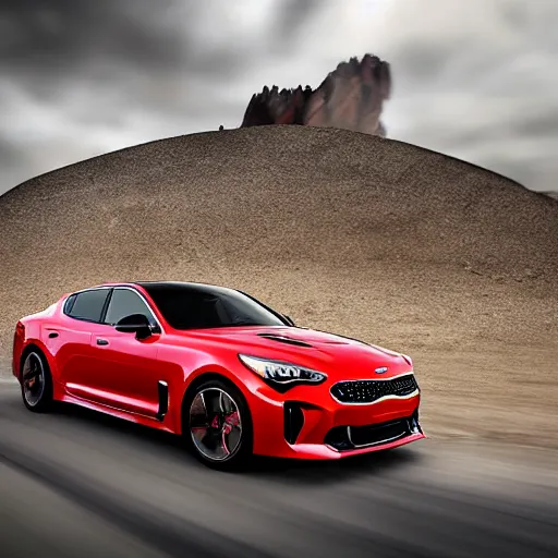 Image similar to kia stinger gt driving into Mordor | wide angle photograph | high resolution