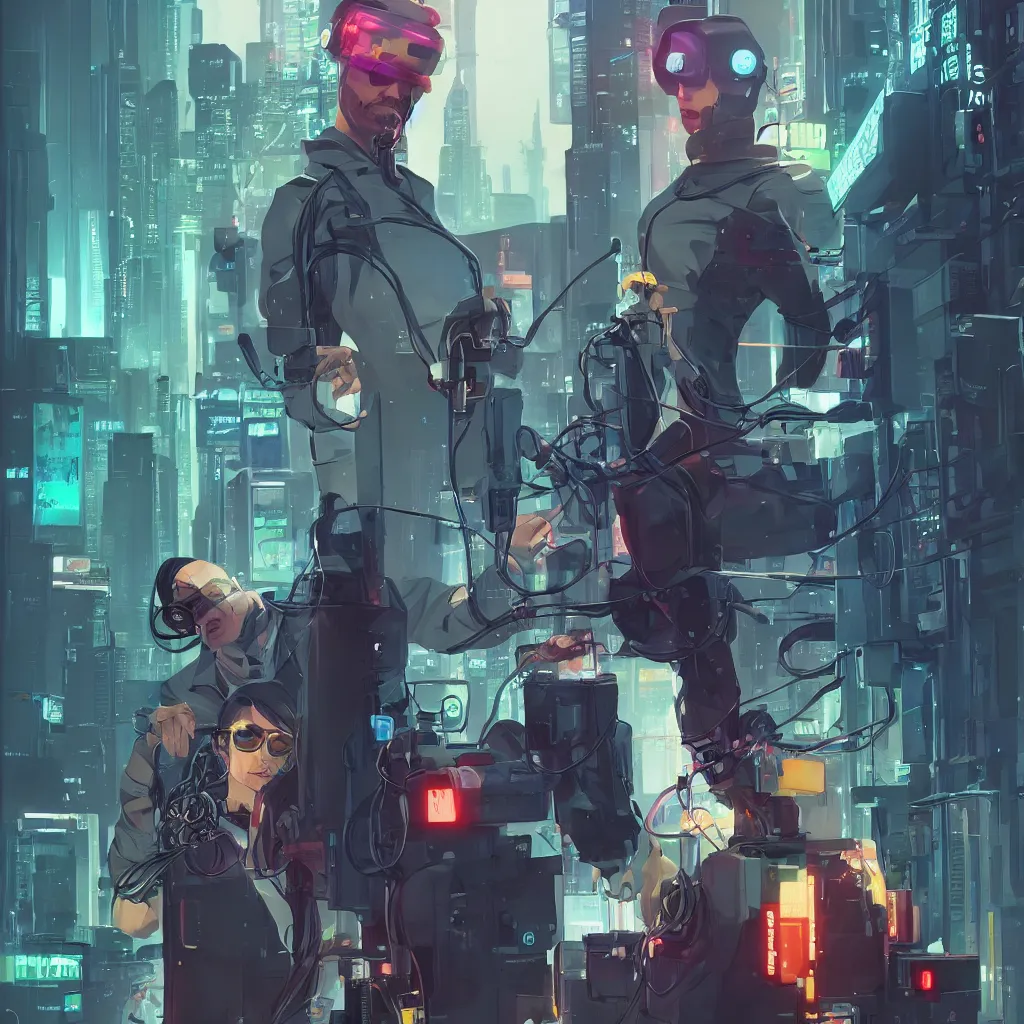 Image similar to cyberpunk hacker with server, lots of wires, art gta 5 cover, official fanart behance hd artstation by jesper ejsing, by rhads, makoto shinkai and lois van baarle, ilya kuvshinov, ossdraws