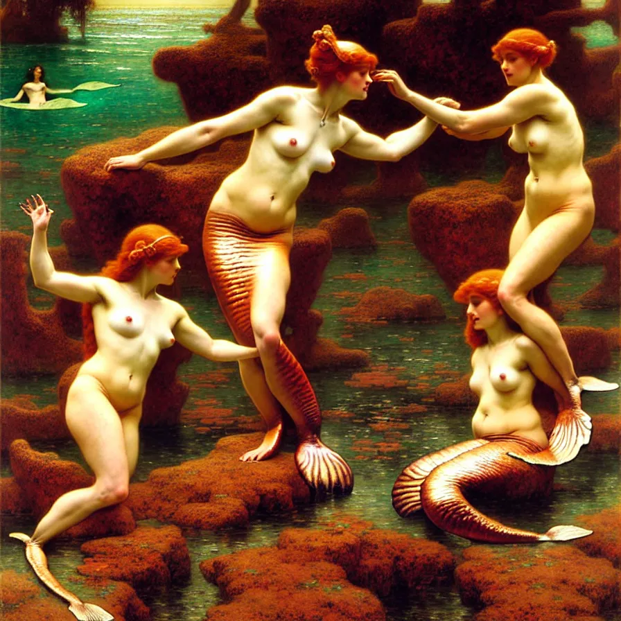 Image similar to mermaids wrestling, hard lighting, graceful, full body, warm lighting, painting by gaston bussiere, craig mullins, j. c. leyendecker, lights, art by ernst haeckel, john william godward, hammershøi