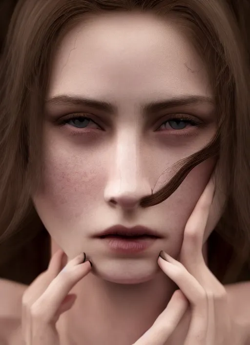 Image similar to closeup portrait of a young female vampire, depth of field, zeiss lens, detailed, symmetrical, centered, fashion photoshoot, by Annie Leibovitz and Steve McCurry, David Lazar, Jimmy Nelsson, Breathtaking, 8k resolution, extremely detailed, beautiful, establishing shot, artistic, hyperrealistic, beautiful face, octane render